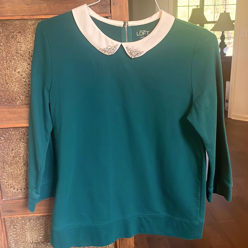 Loft Forest Green Cotton Top with Peter Pan jeweled collar